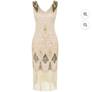 Vintage-Inspired Sequin Fringe Midi Dress in Champagne